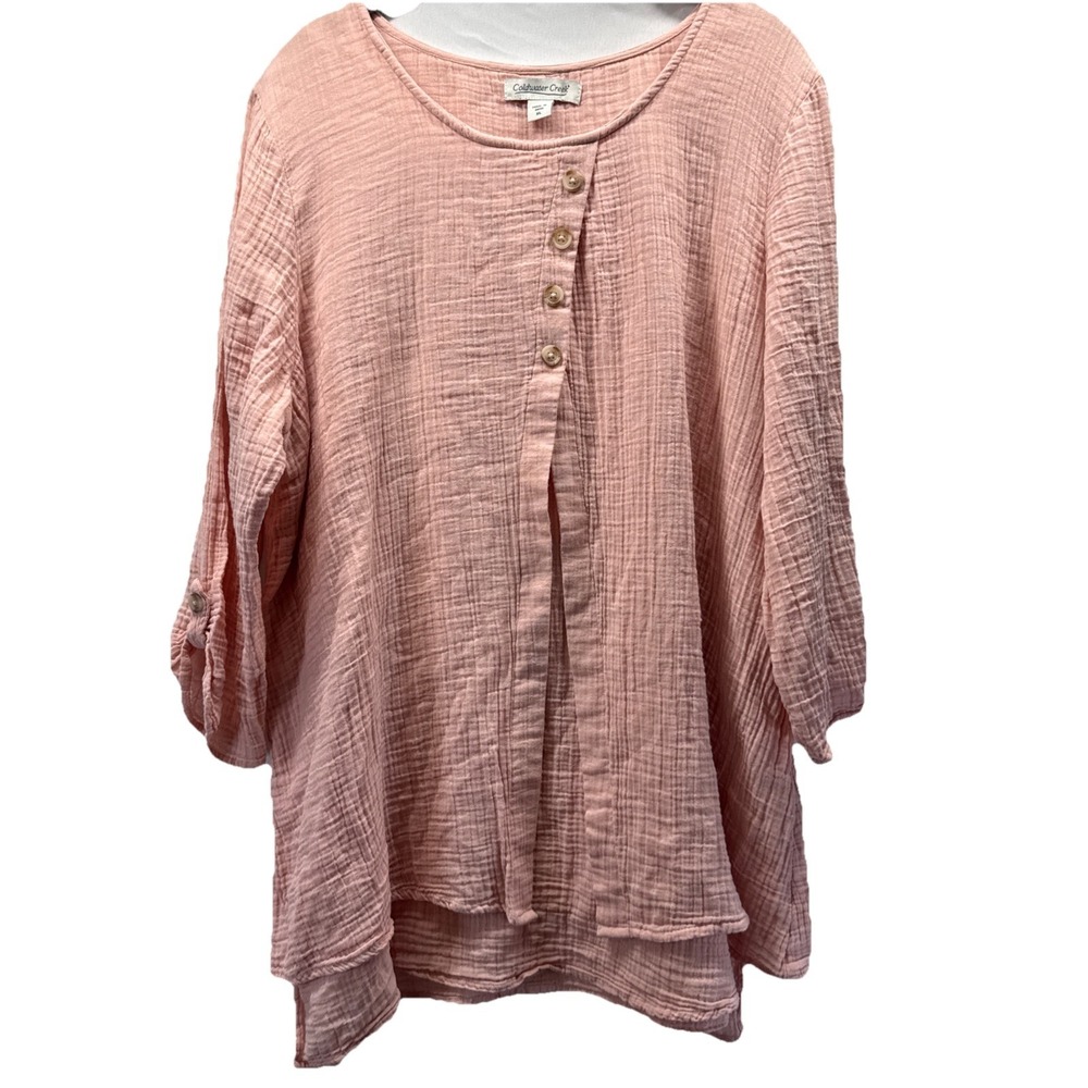 Coldwater Creek Womens Top XL Asymmetrical Peach 3/4 Sleeve Textured Layer Boho